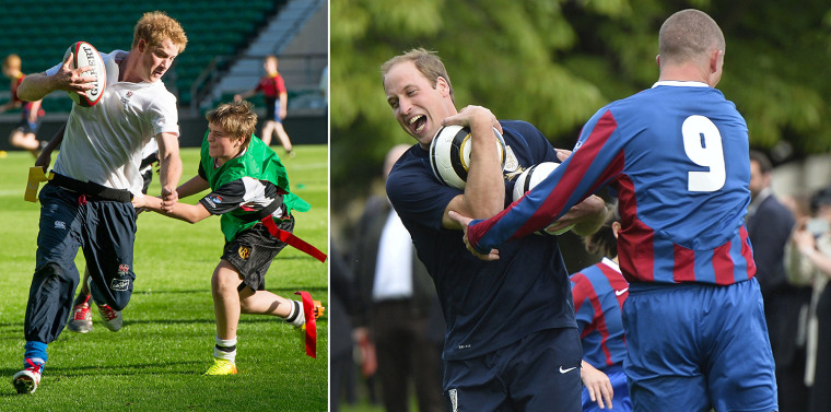 Left:
Ian Gavan, AFP - Getty Images
Britain's Prince Harry (L) takes part in a rugby union coaching session at Twickenham Stadium, west of London, on October 17, 2013, for young people from participating secondary schools across Britain. Prince Harry is the Patron of the Rugby Football Union (RFU) All Schools Programme.  AFP PHOTO / IAN GAVAN/POOLIAN GAVAN/AFP/Getty Images


Right: 
WPA Pool, Getty Images
LONDON, UNITED KINGDON - OCTOBER 7:  Prince William, Duke of Cambridge trains with players in the grounds of Buckingham Palace to mark the Football Association's 150th anniversary, on October 7, 2013 in London, England. The President of the Football Association, Prince William, Duke of Cambridge, will host the football match between Civil Service FC and Polytechnic FC, and will also host a reception to celebrate The FA's 150 grassroot heroes. (Photo by Toby Melville - WPA Pool/Getty Images)
